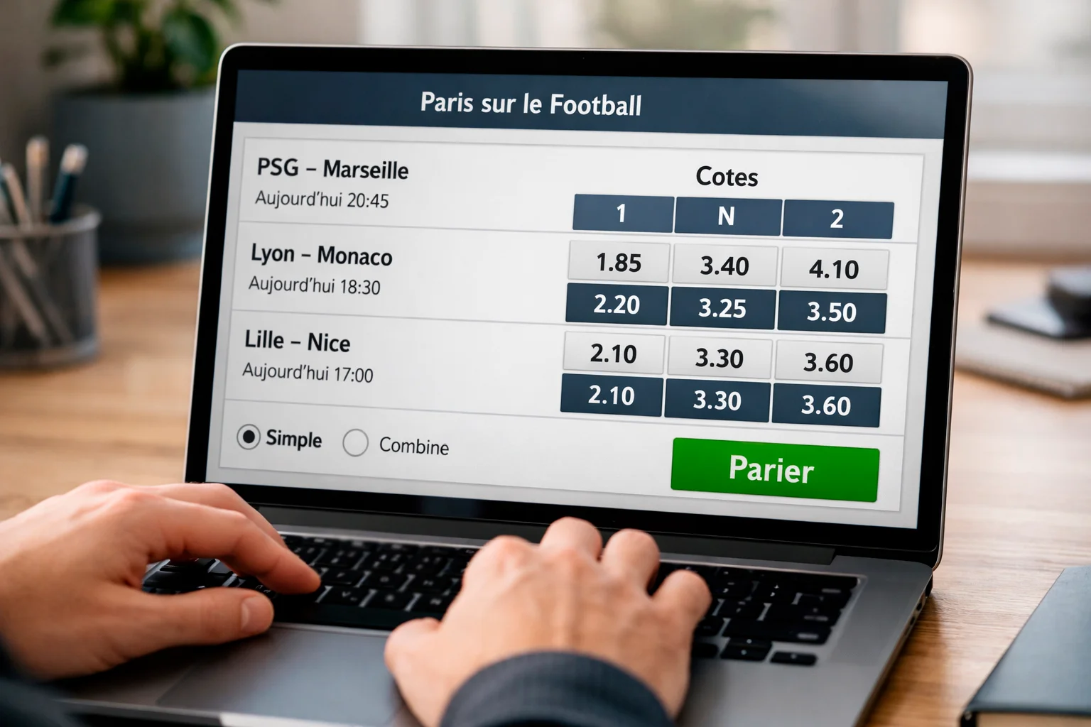 Écran d'ordinateur affichant des cotes de paris sportifs sur un match de football