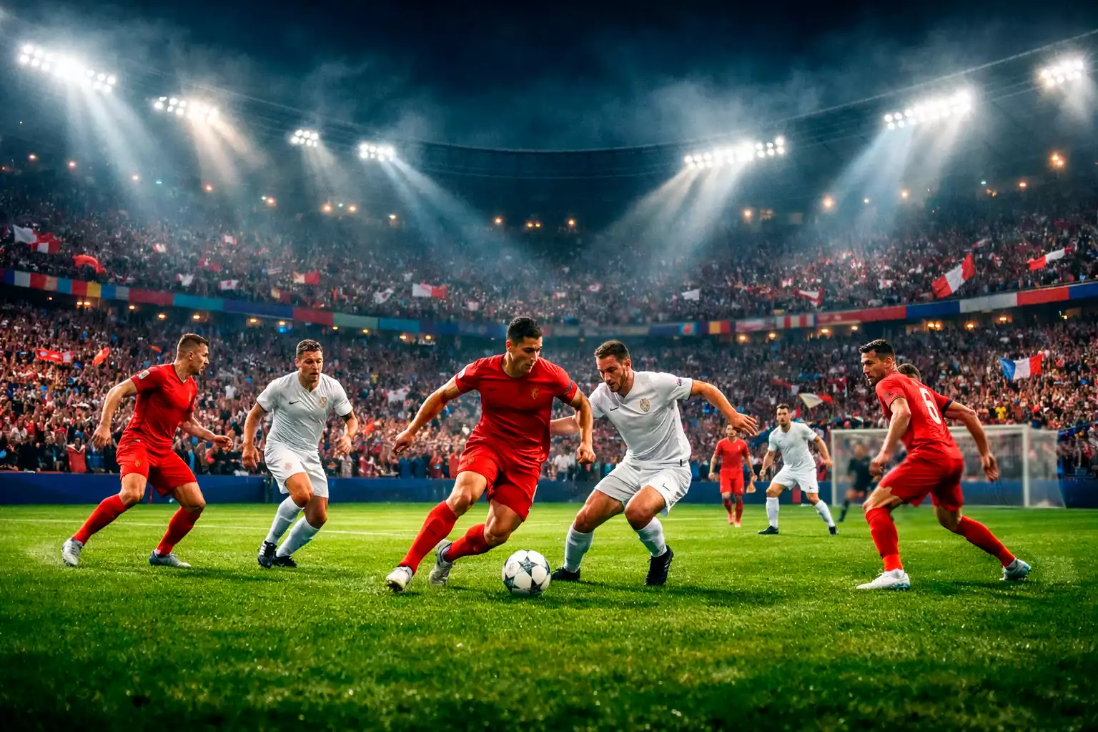 Stade de football illuminé pendant un match de championnat européen