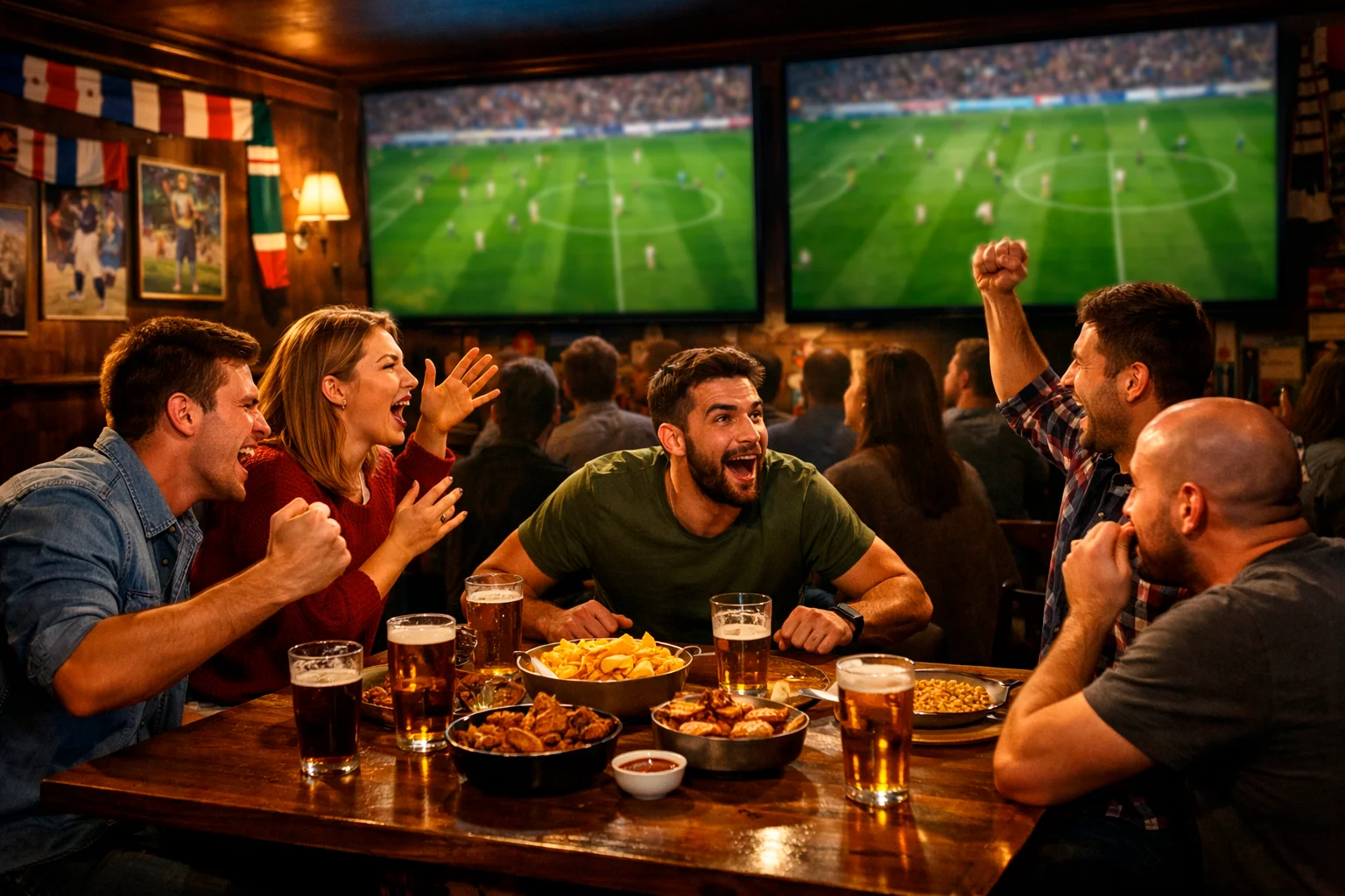 Groupe d'amis regardant un match de football dans un bar avec écrans