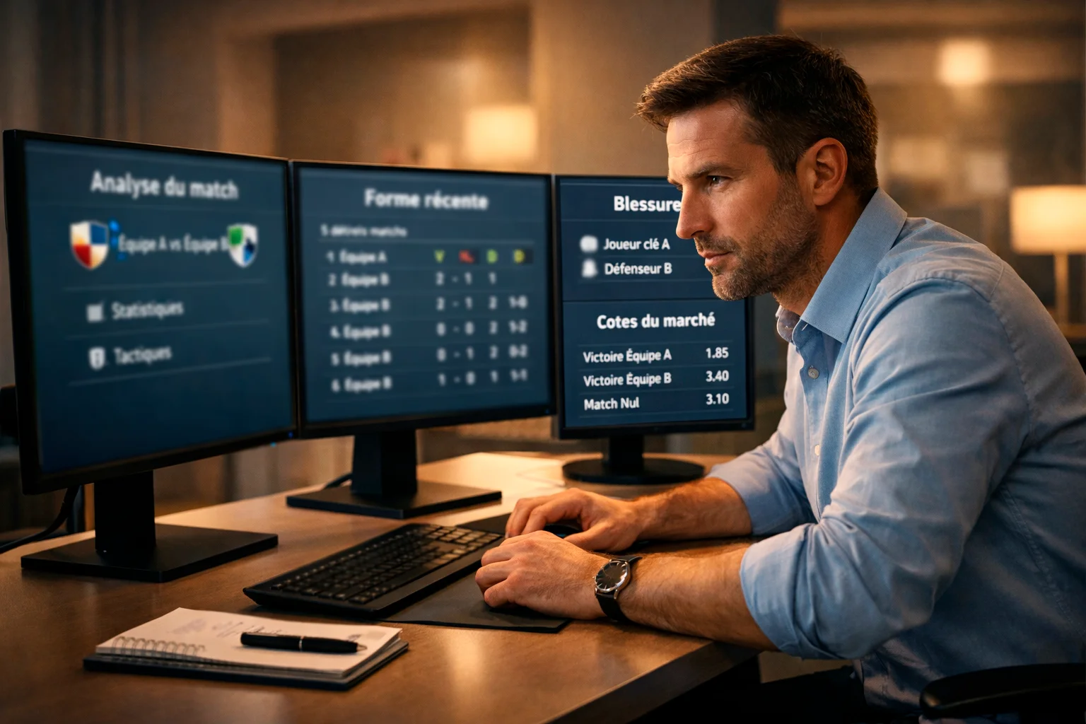 Analyste étudiant des données de football sur un ordinateur