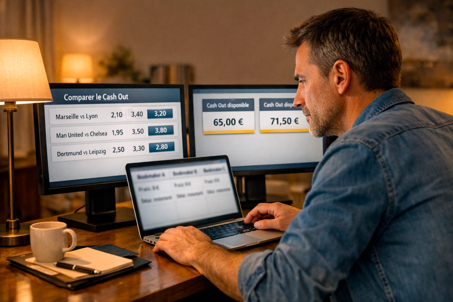 Homme analysant plusieurs écrans de bookmakers pour comparer les offres de Cash Out