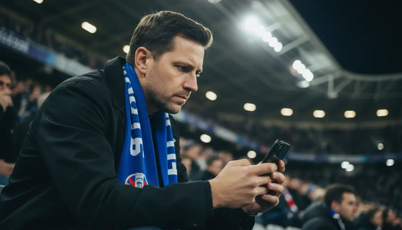 Supporter de football vérifiant son téléphone dans un stade pendant un match de l'Euro