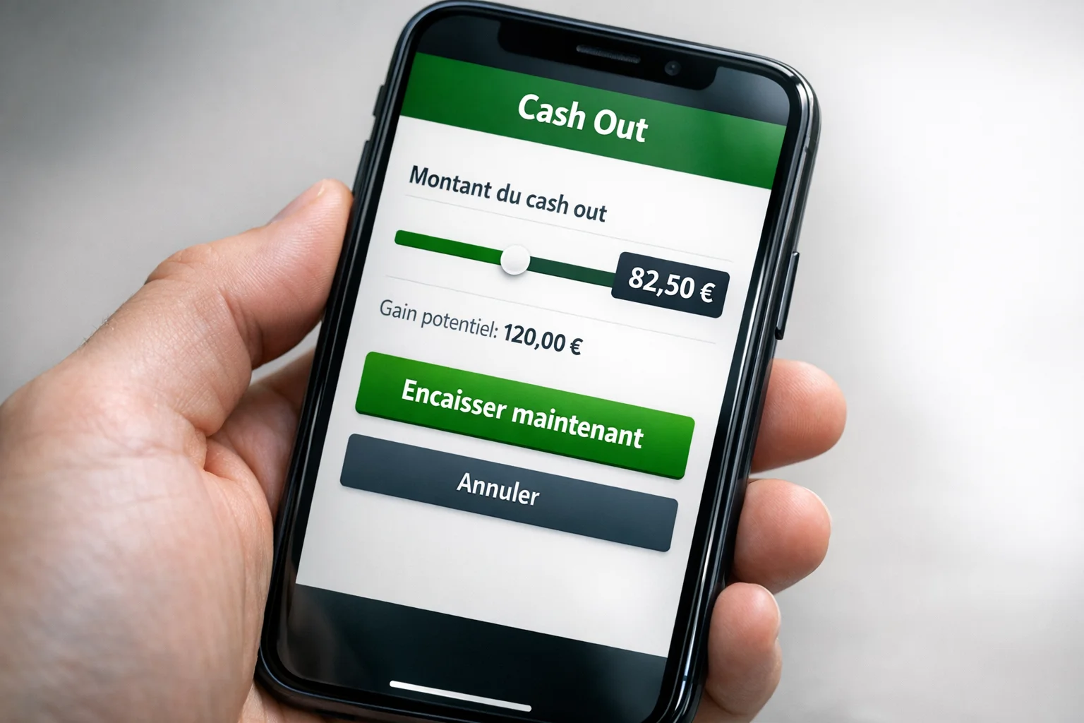 Interface d'application de paris sportifs affichant les options de Cash Out partiel et total