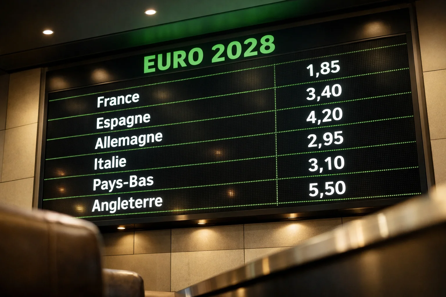 Tableau d'affichage de cotes de paris sportifs pour un match de football de l'Euro