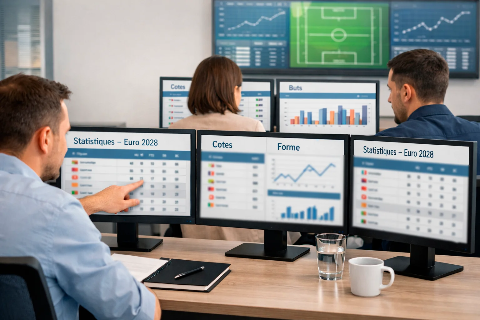 Équipe d'analystes travaillant sur des écrans avec des données statistiques de football