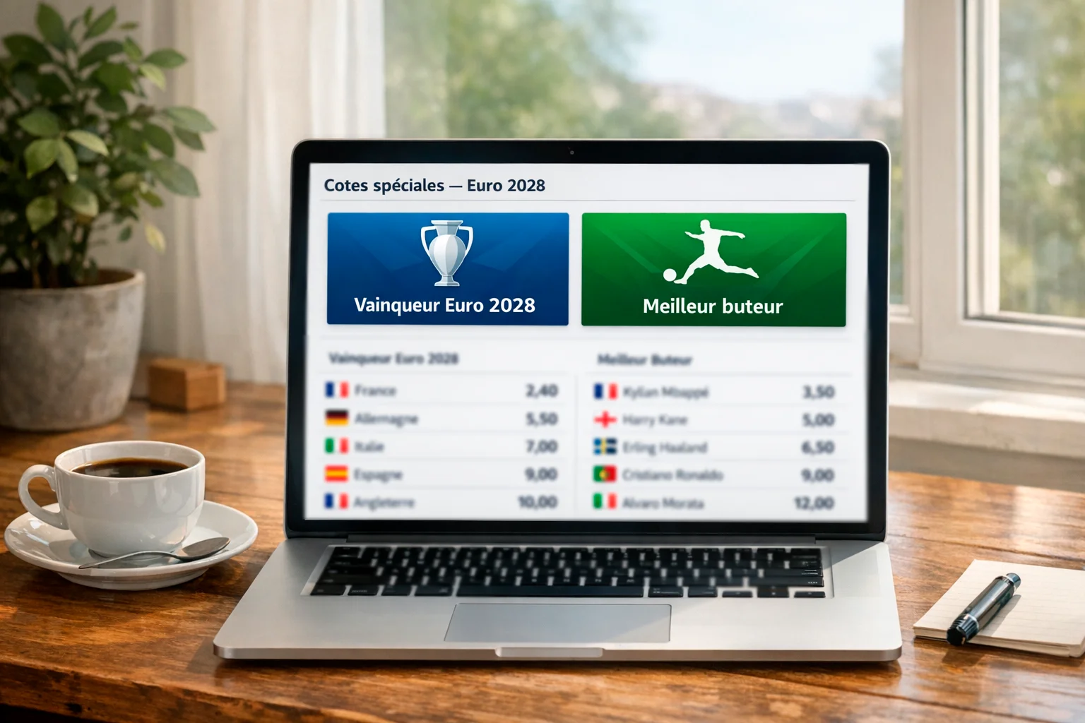 Écran d'ordinateur affichant les marchés spéciaux de l'Euro 2028 avec les cotes du vainqueur et meilleur buteur