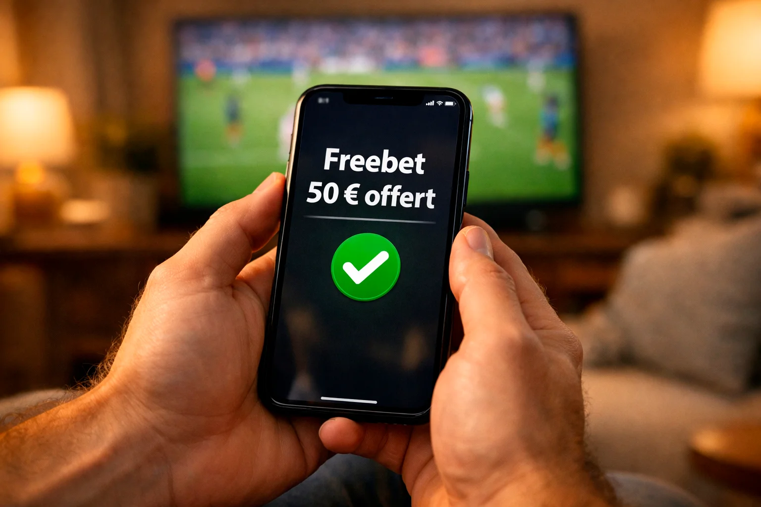 Smartphone affichant une notification de freebet gagné sur une application de paris sportifs