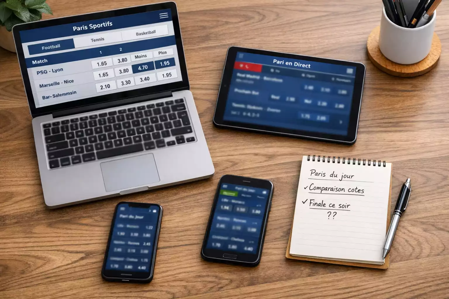 Bureau avec plusieurs appareils affichant différentes applications de bookmakers français