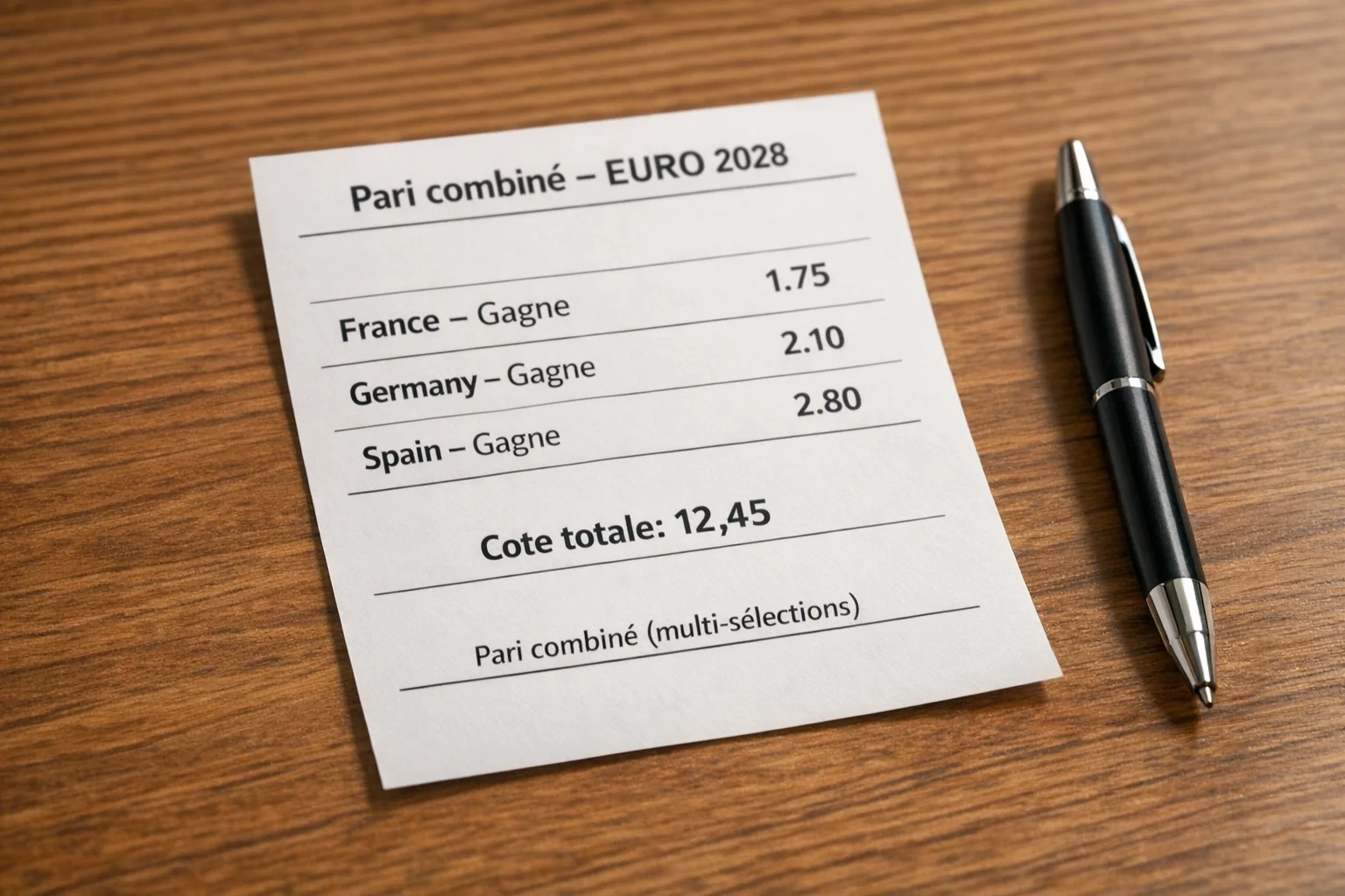 Ticket de pari combiné avec plusieurs sélections de matchs de l'Euro sur un bureau