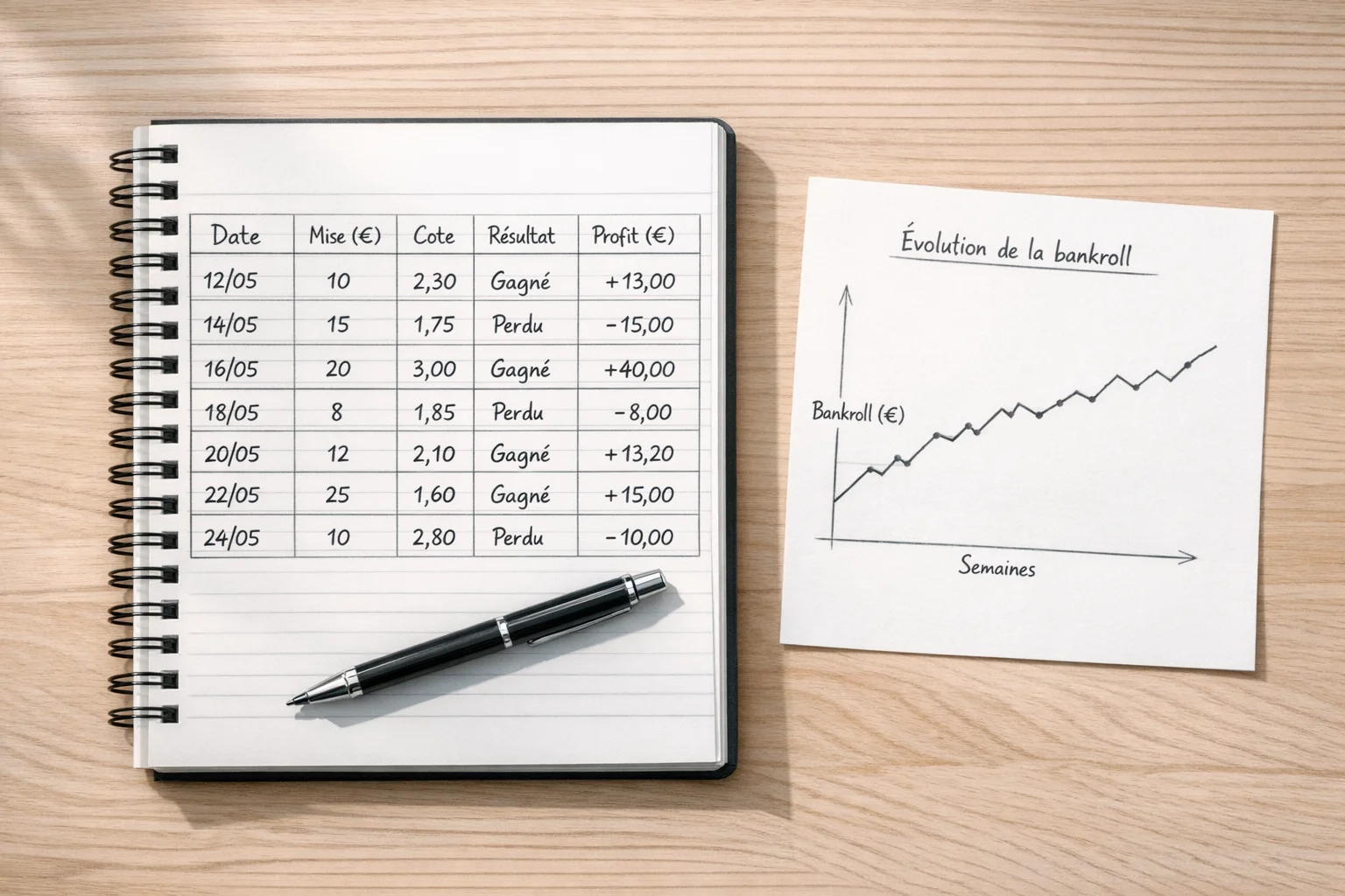 Carnet de notes avec suivi des paris et stylo sur un bureau organisé