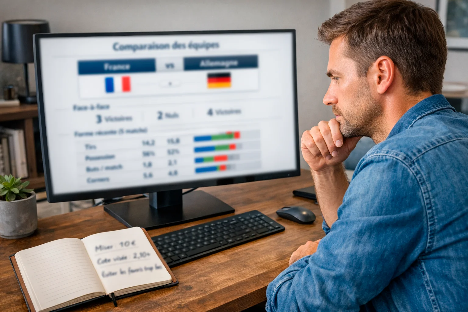 Parieur analysant les statistiques de plusieurs matchs de football sur son ordinateur