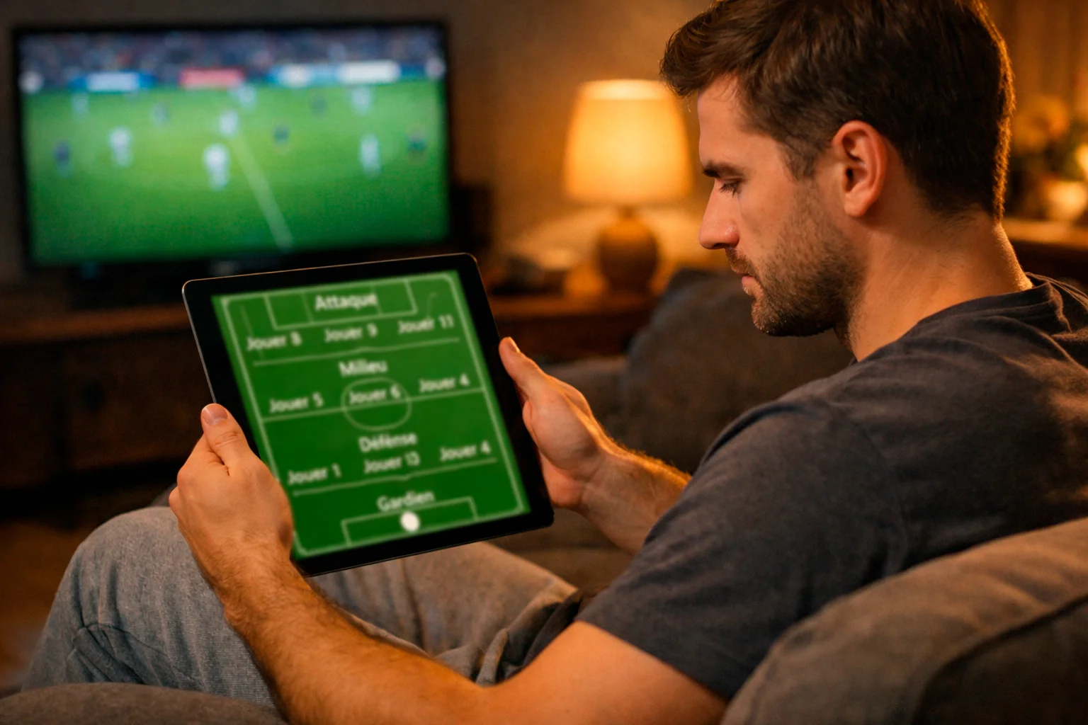 Supporter analysant la composition tactique d'une équipe de football sur une tablette