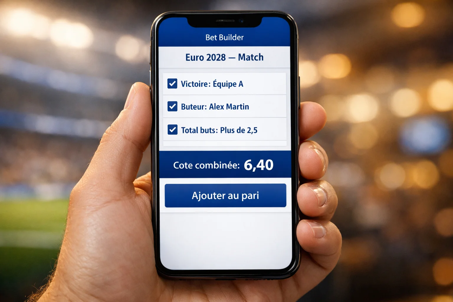 Interface de Bet Builder sur smartphone avec sélections personnalisées pour un match de l'Euro