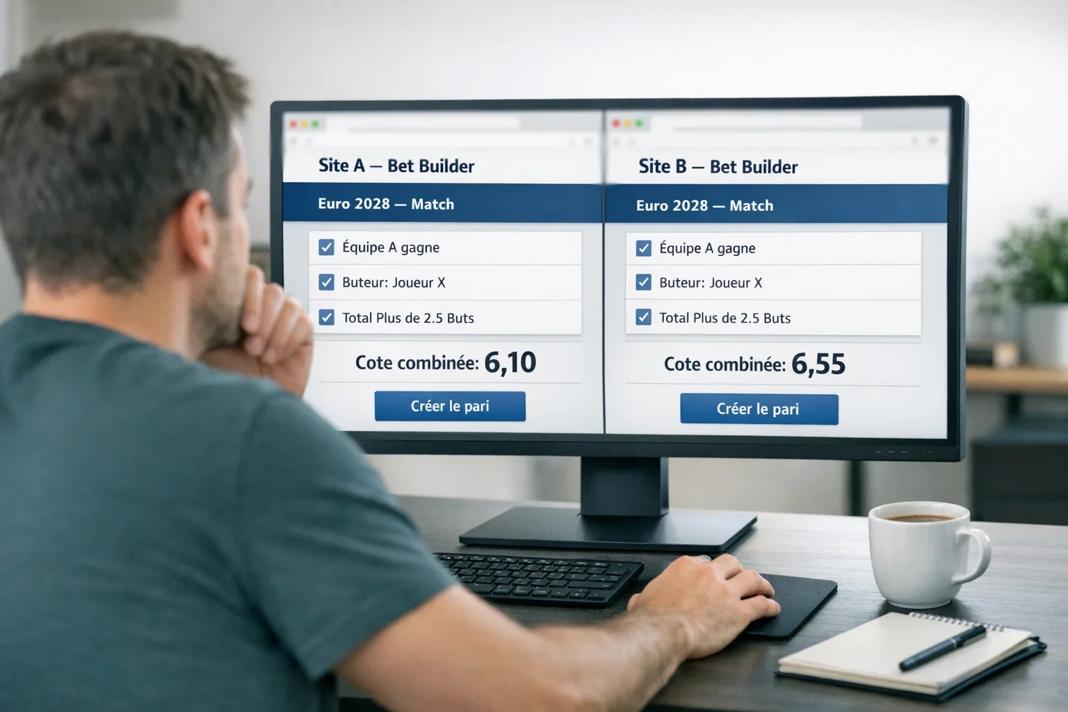 Personne comparant les cotes de Bet Builder entre différents bookmakers sur un écran