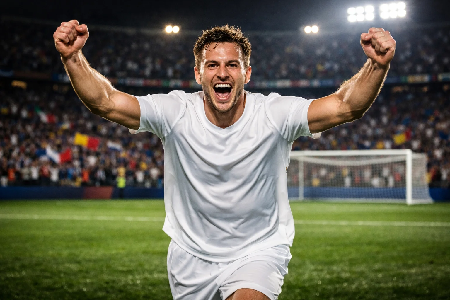 Attaquant célébrant un but lors d'un match de l'Euro dans un grand stade