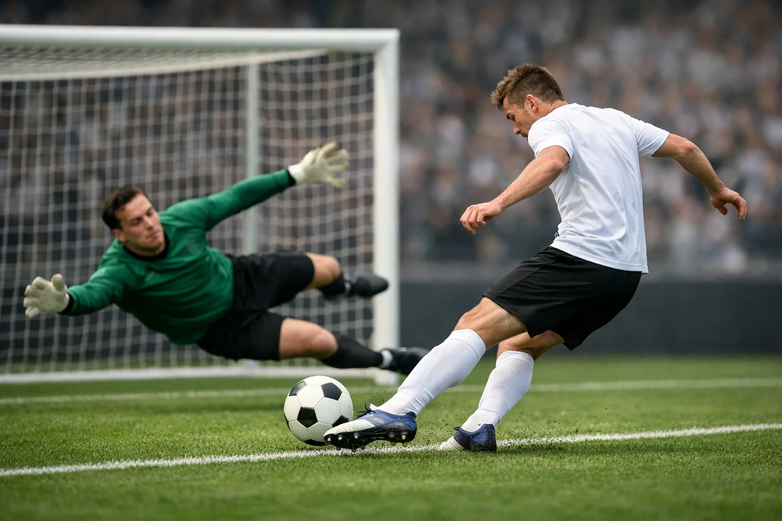 Avant-centre en position de frappe dans la surface de réparation lors d'un match international