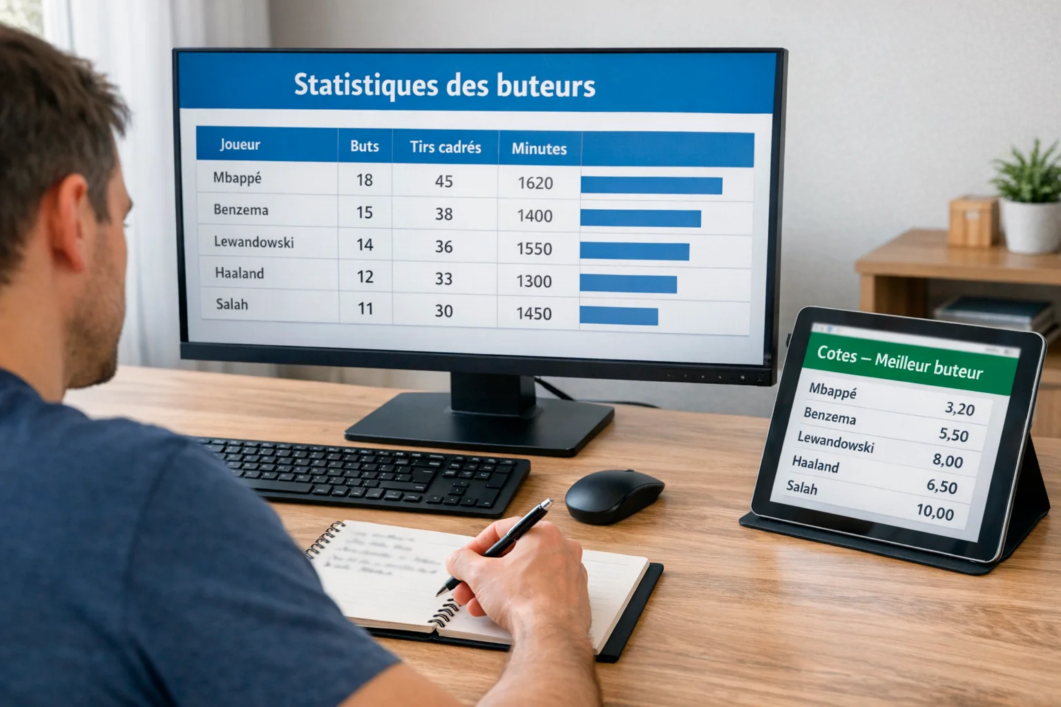 Parieur analysant les statistiques de buteurs sur un écran d'ordinateur