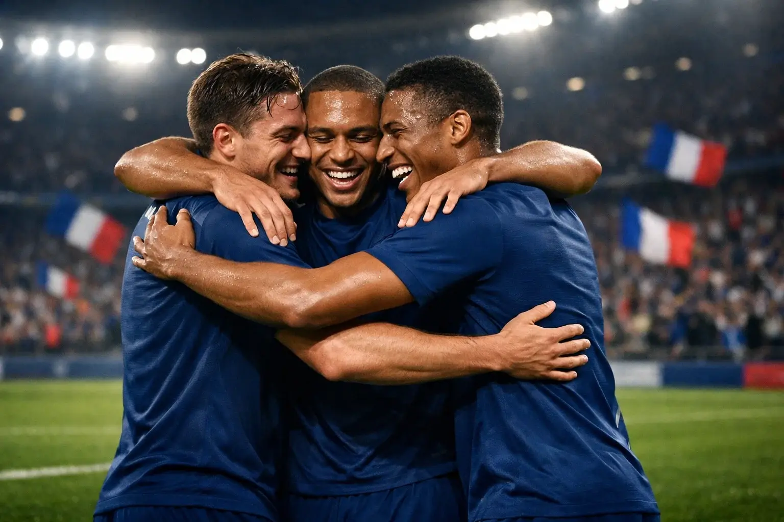 Joueurs de l'équipe de France célébrant ensemble sur le terrain lors d'un match international