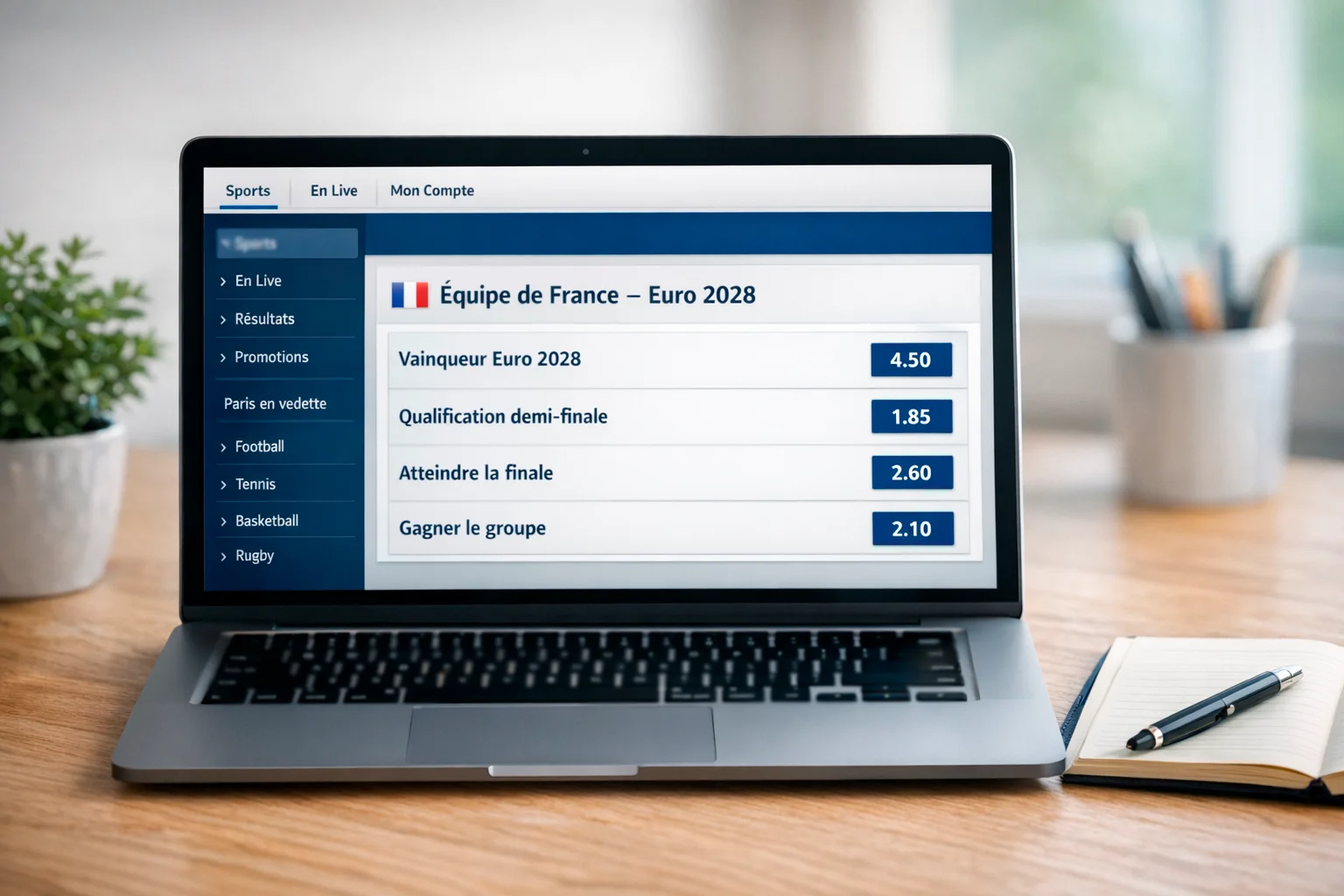 Écran de bookmaker affichant les cotes sur l'équipe de France pour l'Euro 2028