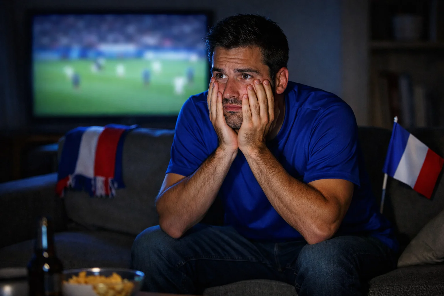 Supporter français regardant un match avec tension, illustrant l'émotion des paris sur les Bleus