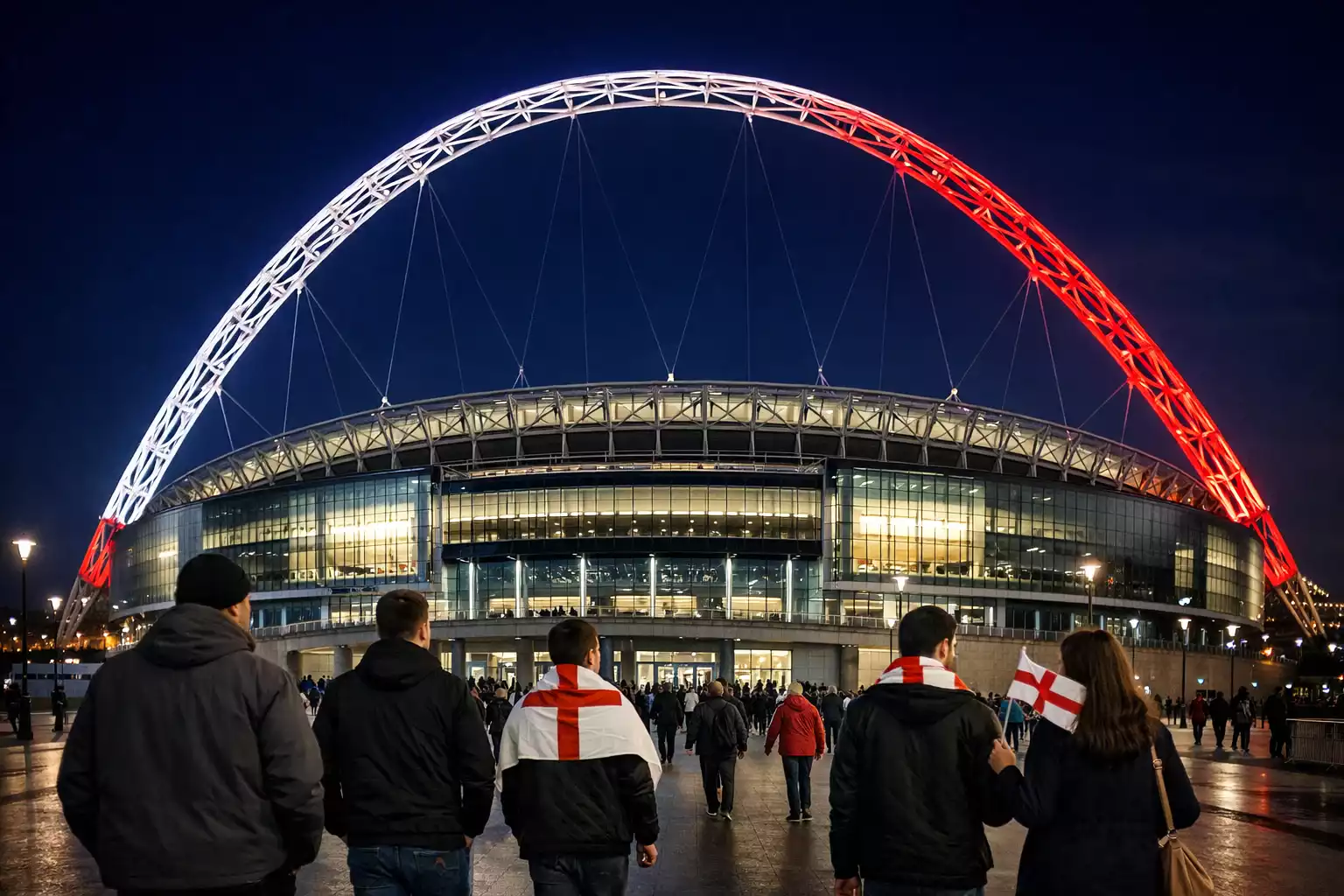 Vue emblématique de l'arche de Wembley illuminée lors d'une soirée de match