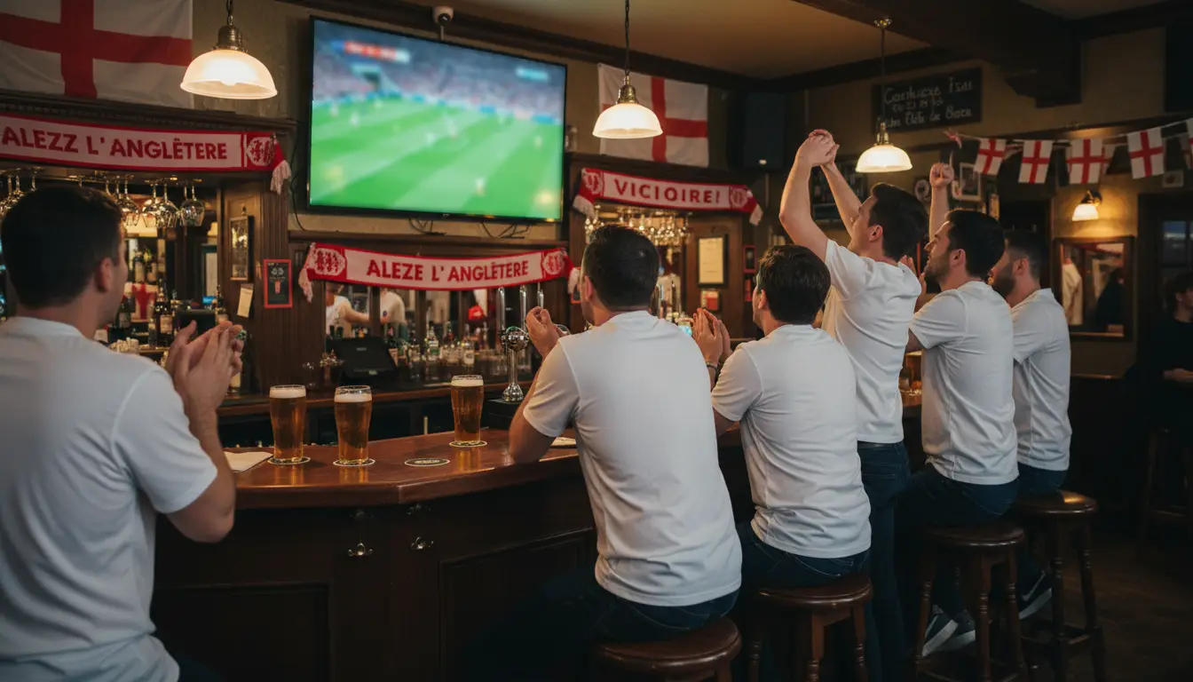 Supporters anglais enthousiastes dans un pub regardant un match des Three Lions