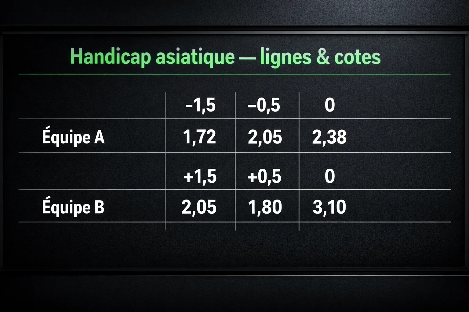 Tableau de cotes de paris handicap affichant différentes lignes pour un match de football