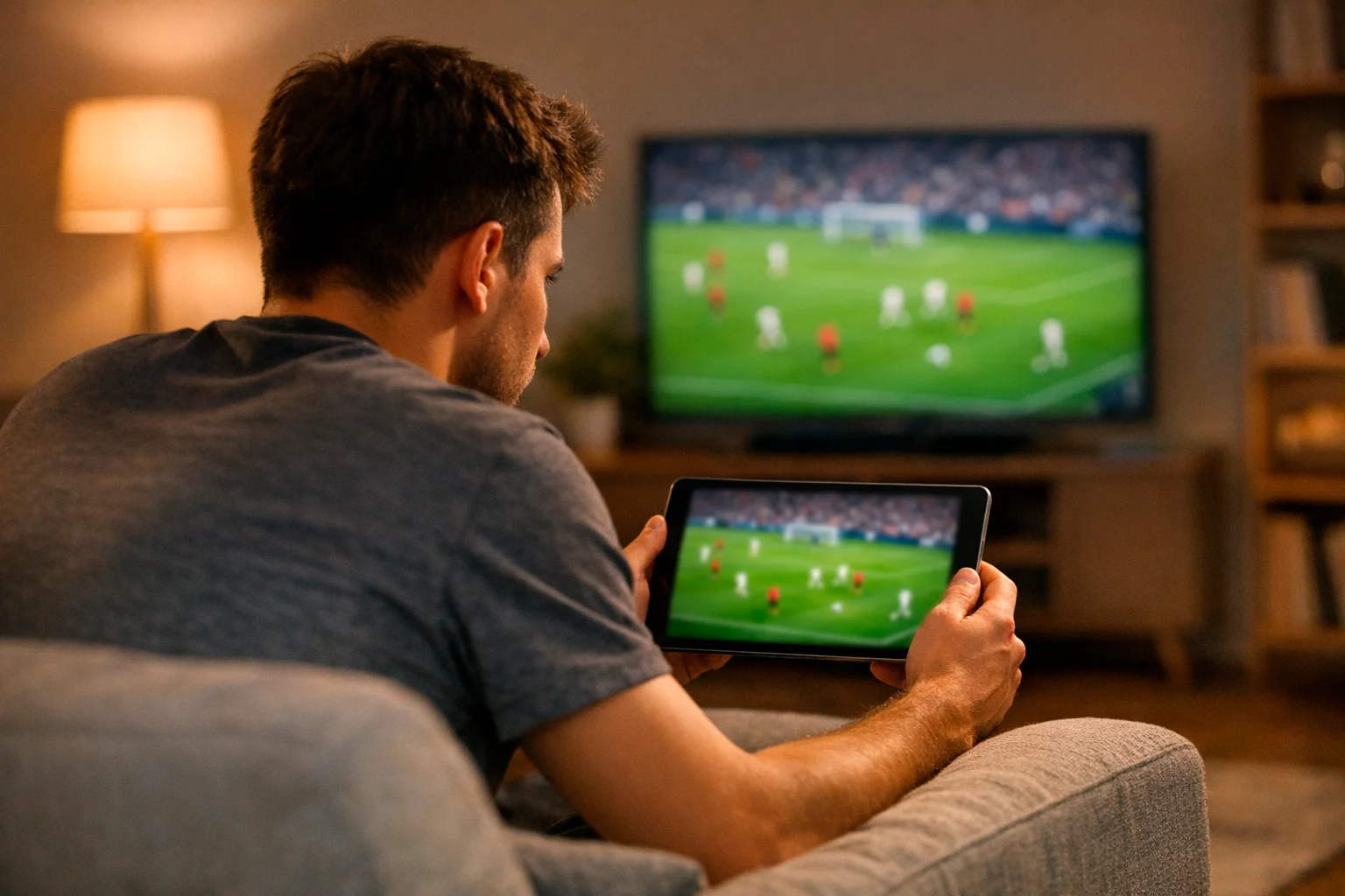 Supporter concentré regardant un match de football sur tablette dans un salon