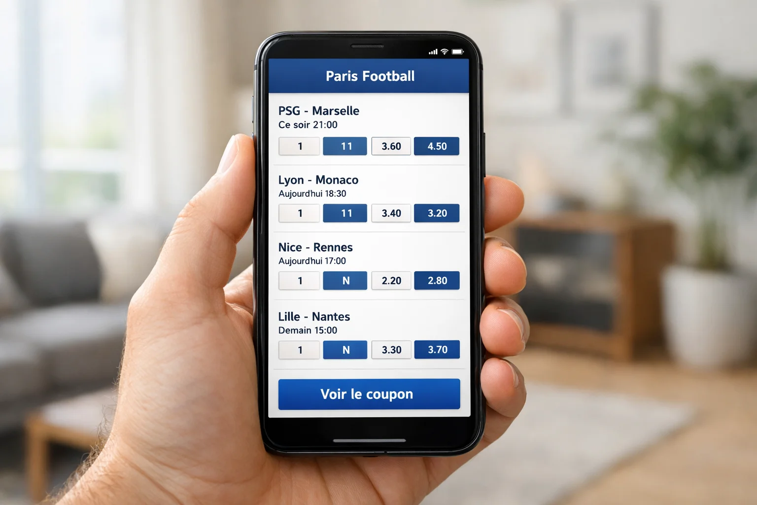 Smartphone affichant une application de paris sportifs avec interface épurée