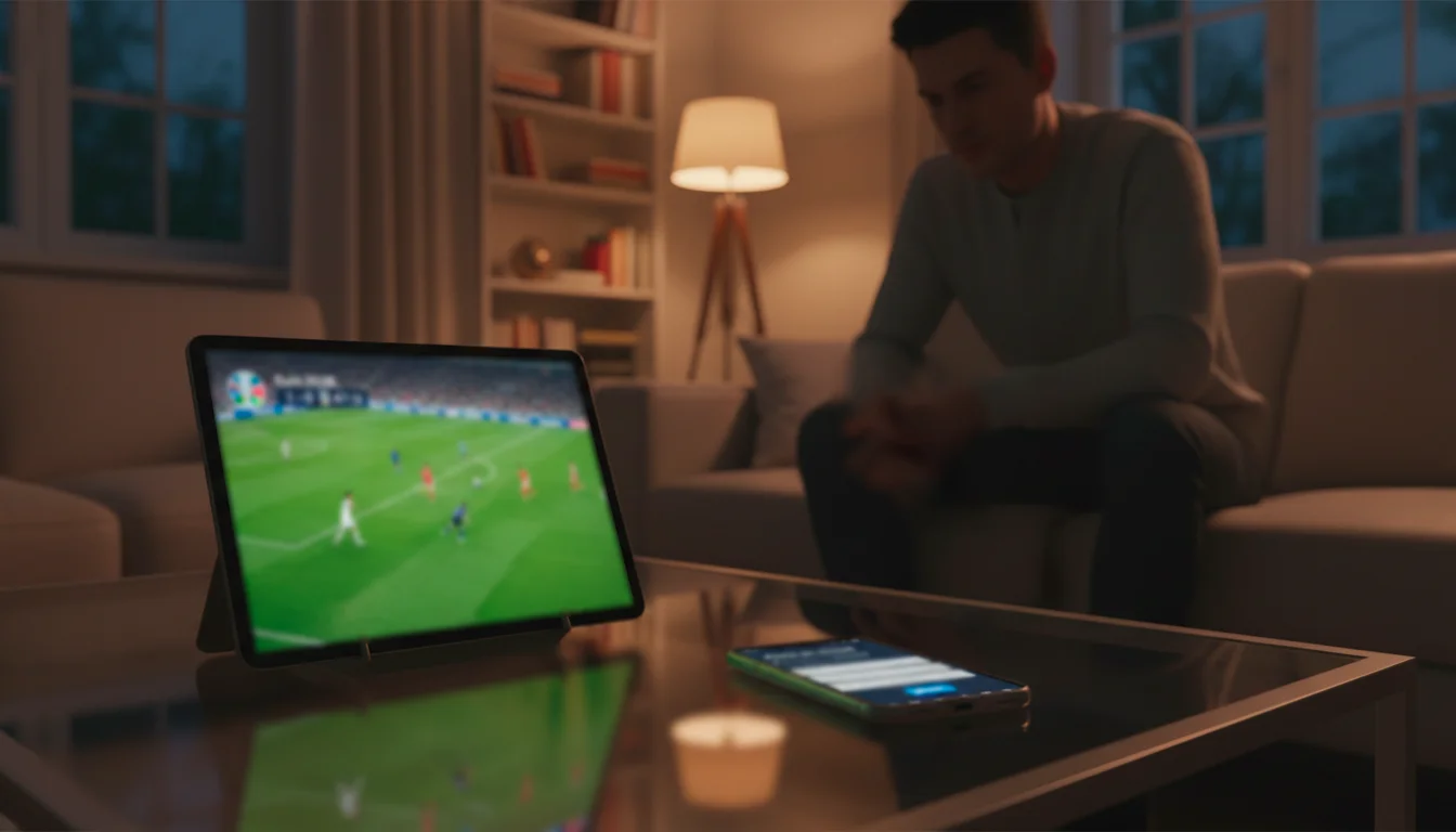 Personne regardant un match de l'Euro en streaming sur tablette avec application de paris ouverte
