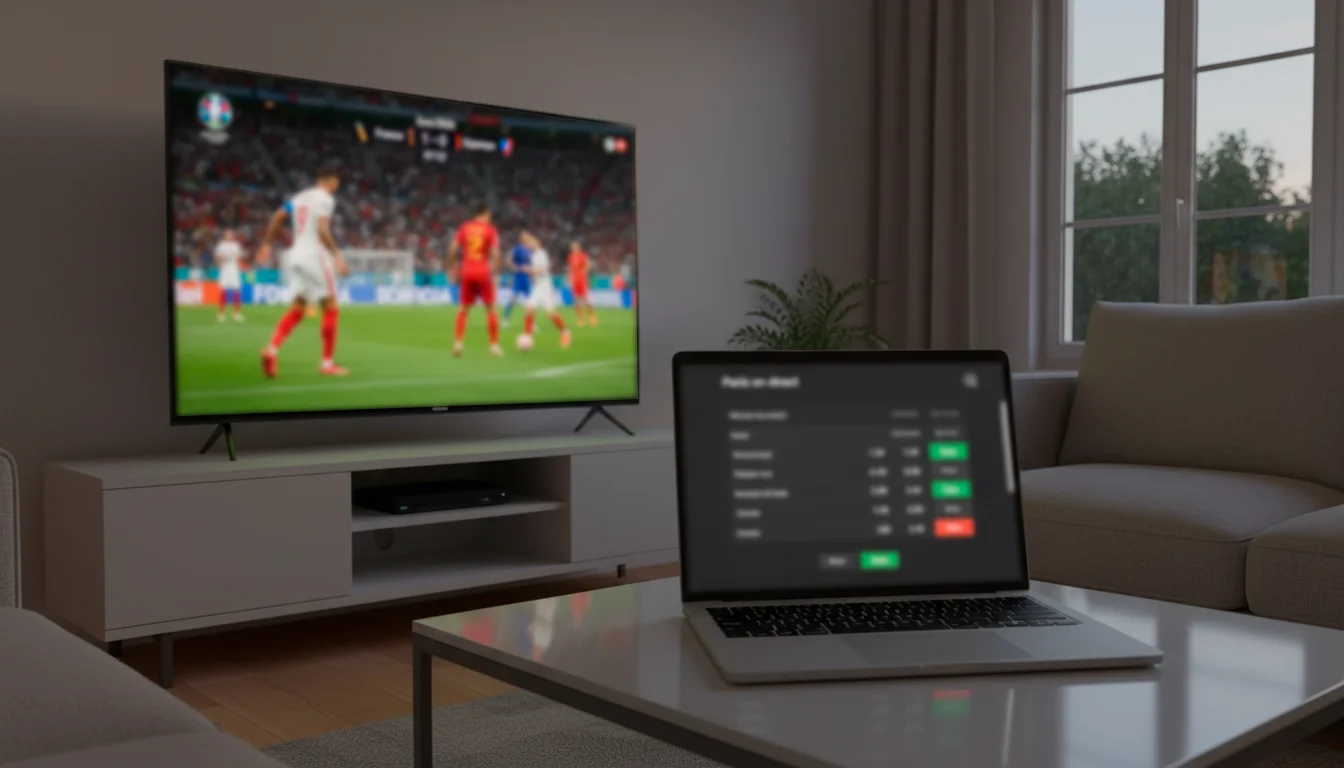 Setup multi-écrans montrant un match en streaming et une interface de paris live