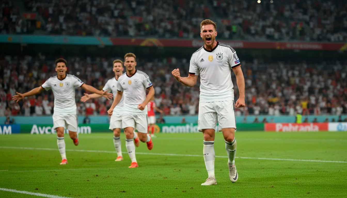 Attaquant allemand célébrant un but avec ses coéquipiers