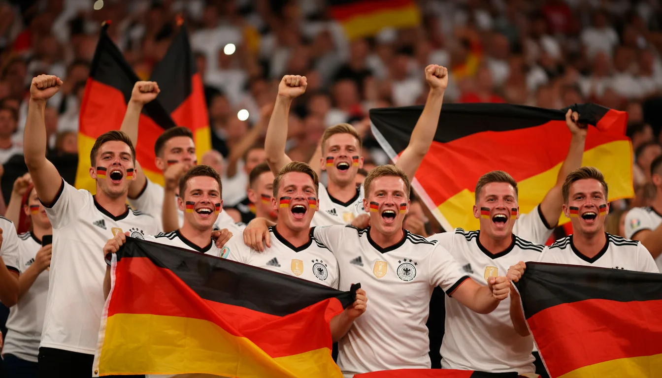Supporters allemands célébrant dans un stade avec drapeaux noir-rouge-or