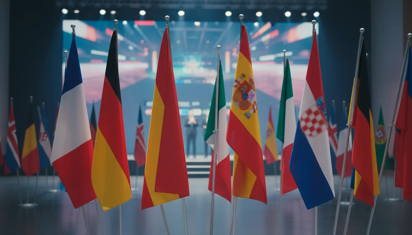 Drapeaux de différentes nations européennes lors d'un tirage au sort