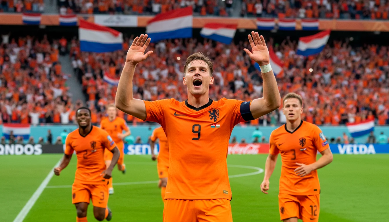 Attaquant néerlandais célébrant un but avec ses coéquipiers en maillot orange