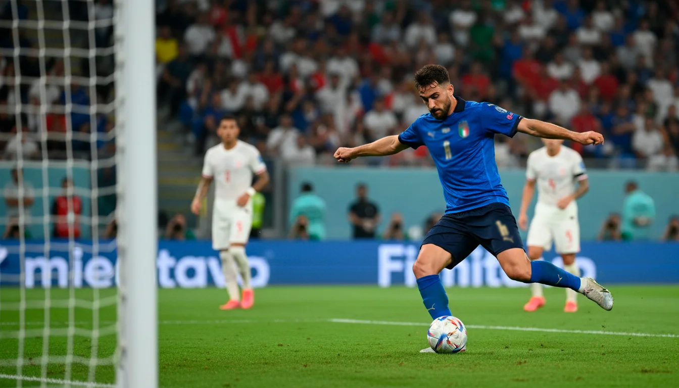 Attaquant italien en position de frappe lors d'un match de la Squadra Azzurra