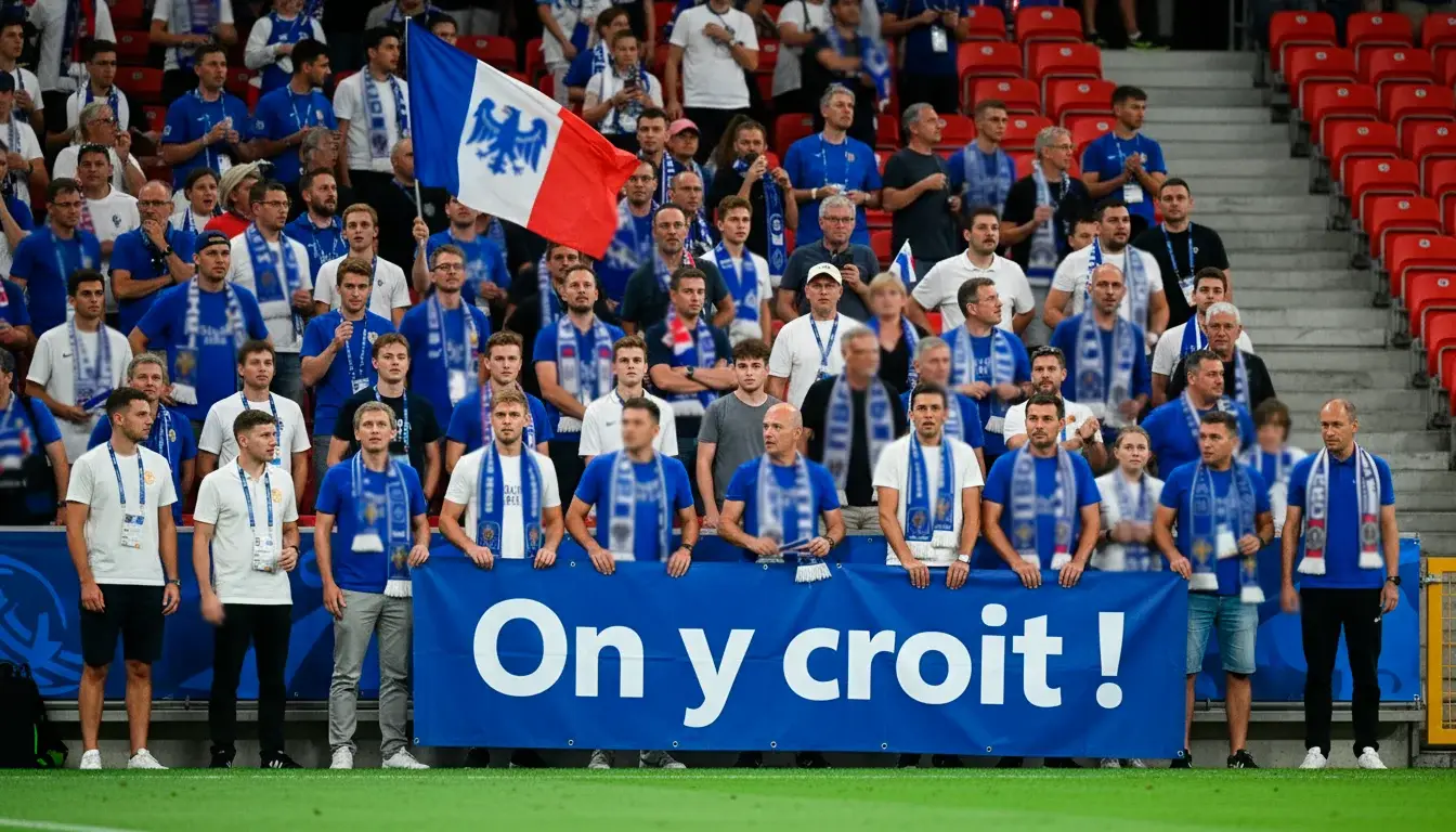 Supporters d'une nation outsider encourageant leur équipe dans un stade de l'Euro