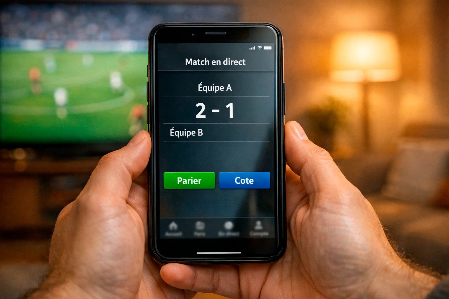 Mains tenant un smartphone avec match de football en arrière-plan