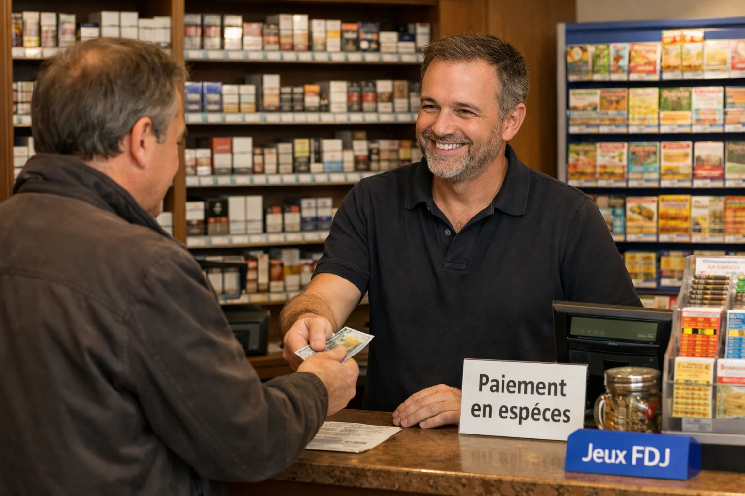 Client effectuant une transaction dans un bureau de tabac français