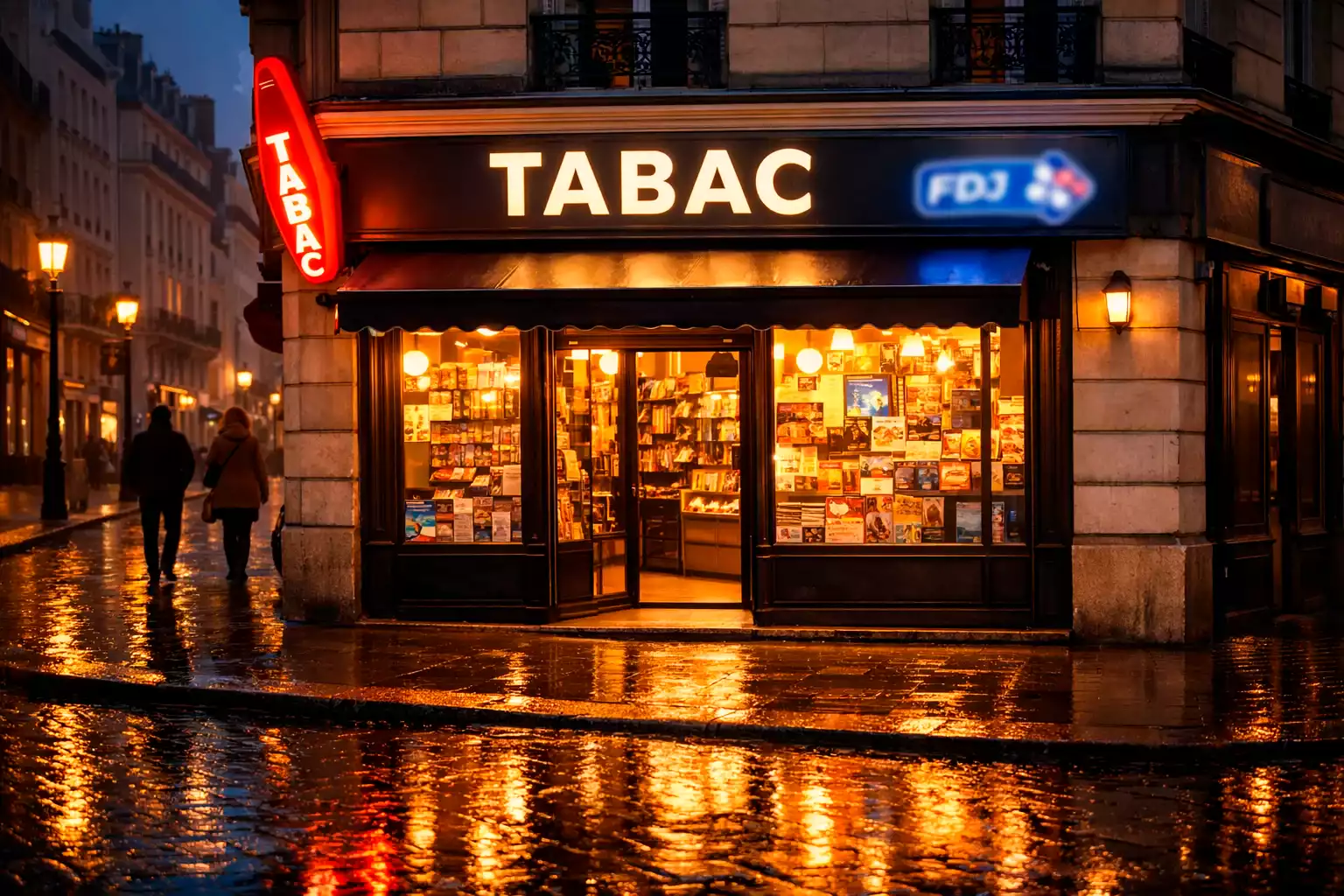 Bureau de tabac français avec enseigne FDJ illuminée