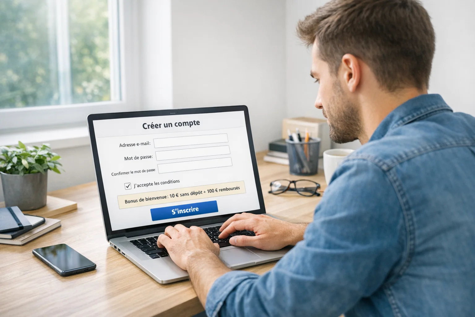 Nouveau joueur s'inscrivant sur une plateforme de paris sportifs sur ordinateur