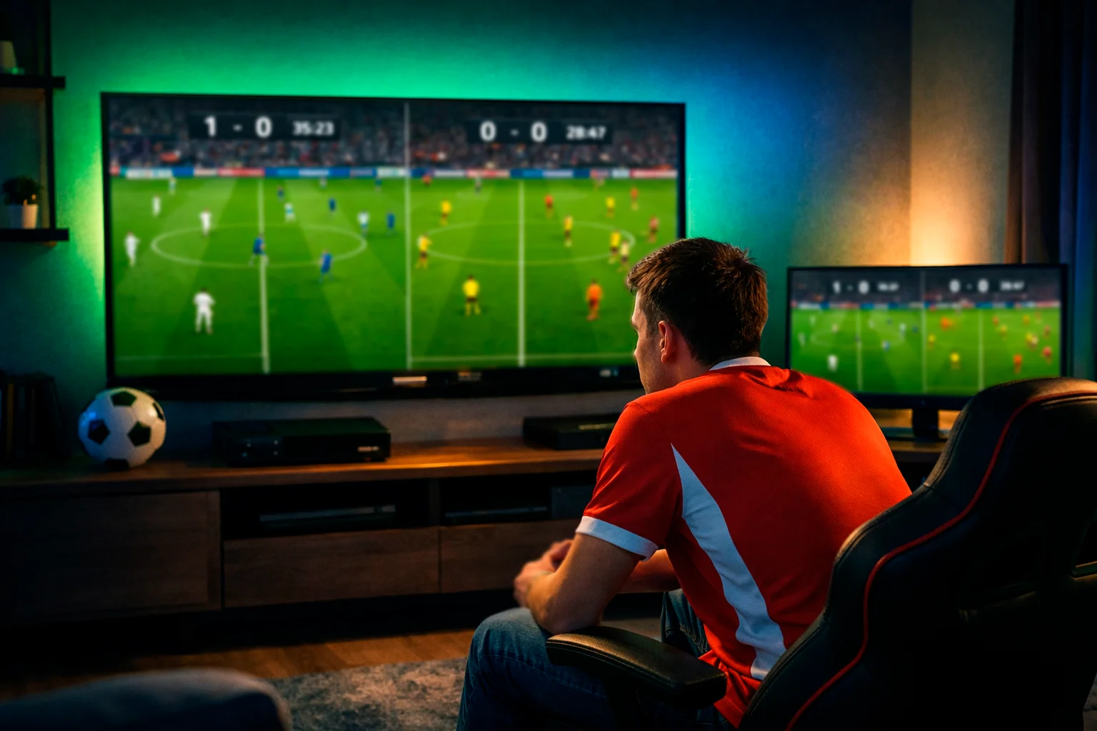 Supporters dans un stade de football avec écharpes et drapeaux