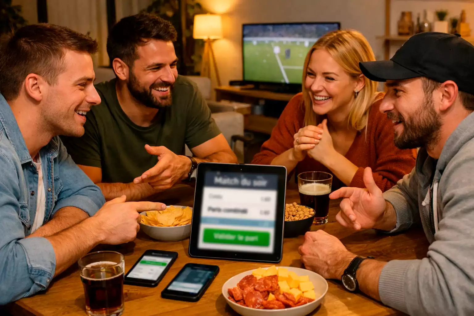 Groupe d'amis discutant de paris sportifs autour d'une table