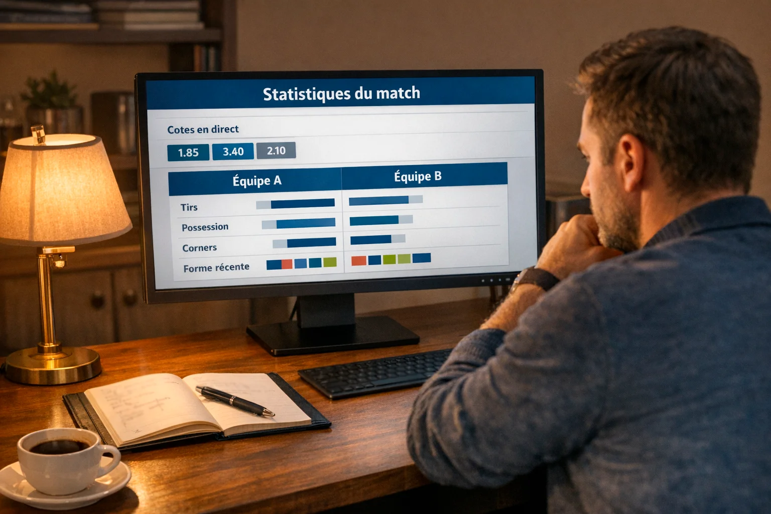 Parieur analysant des statistiques de football sur écran d'ordinateur