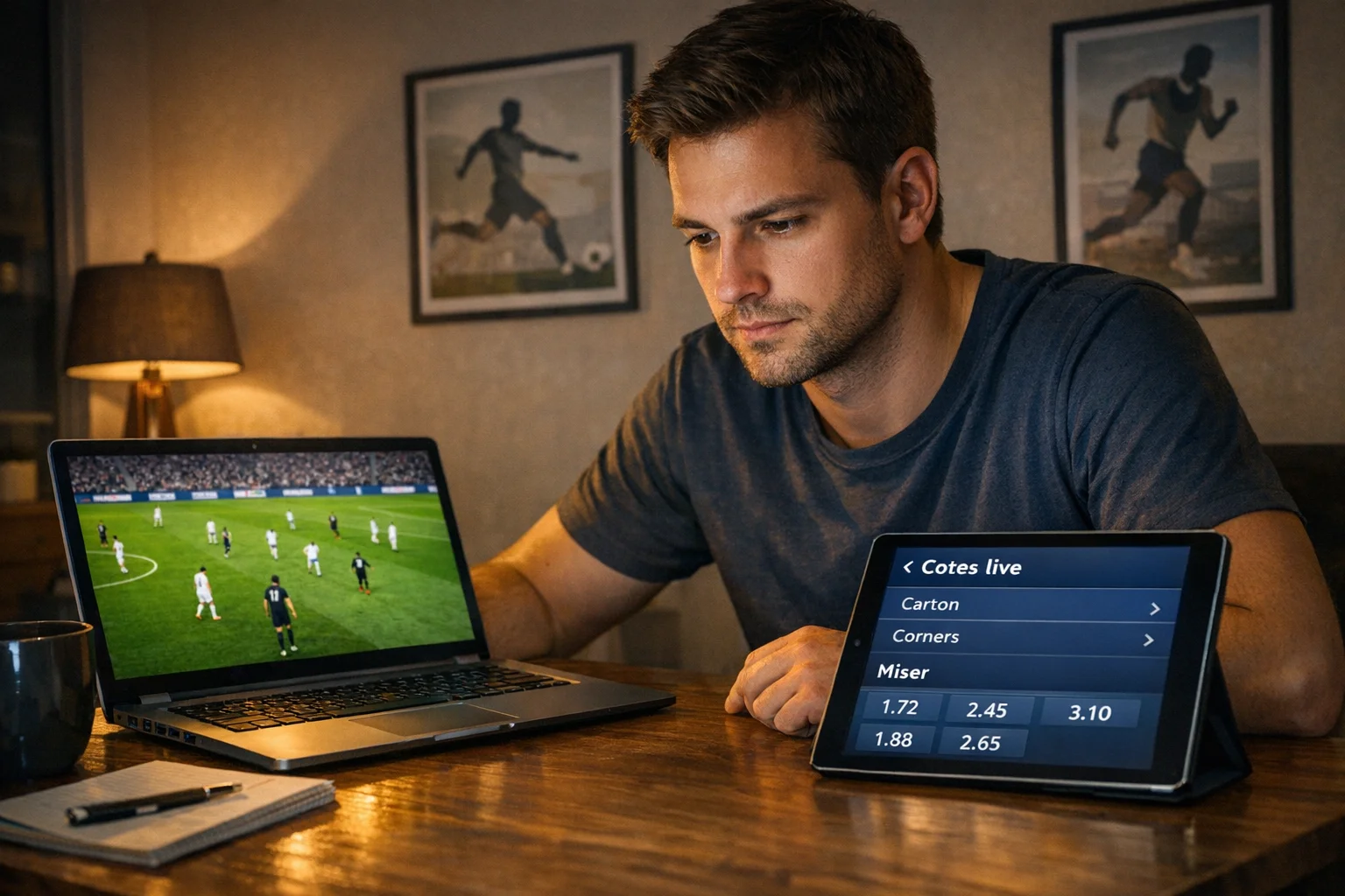 Parieur concentré analysant un match sur plusieurs écrans