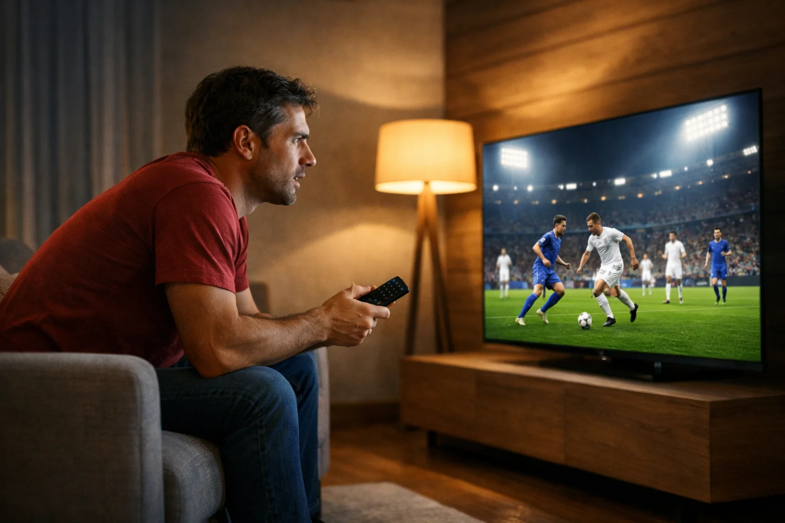 Supporter regardant un match de football en direct sur grand écran