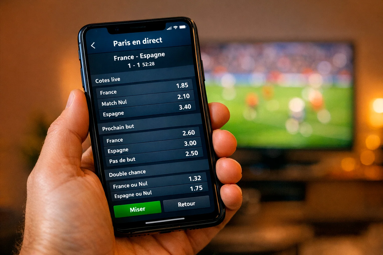 Écran de smartphone affichant des cotes de paris en direct