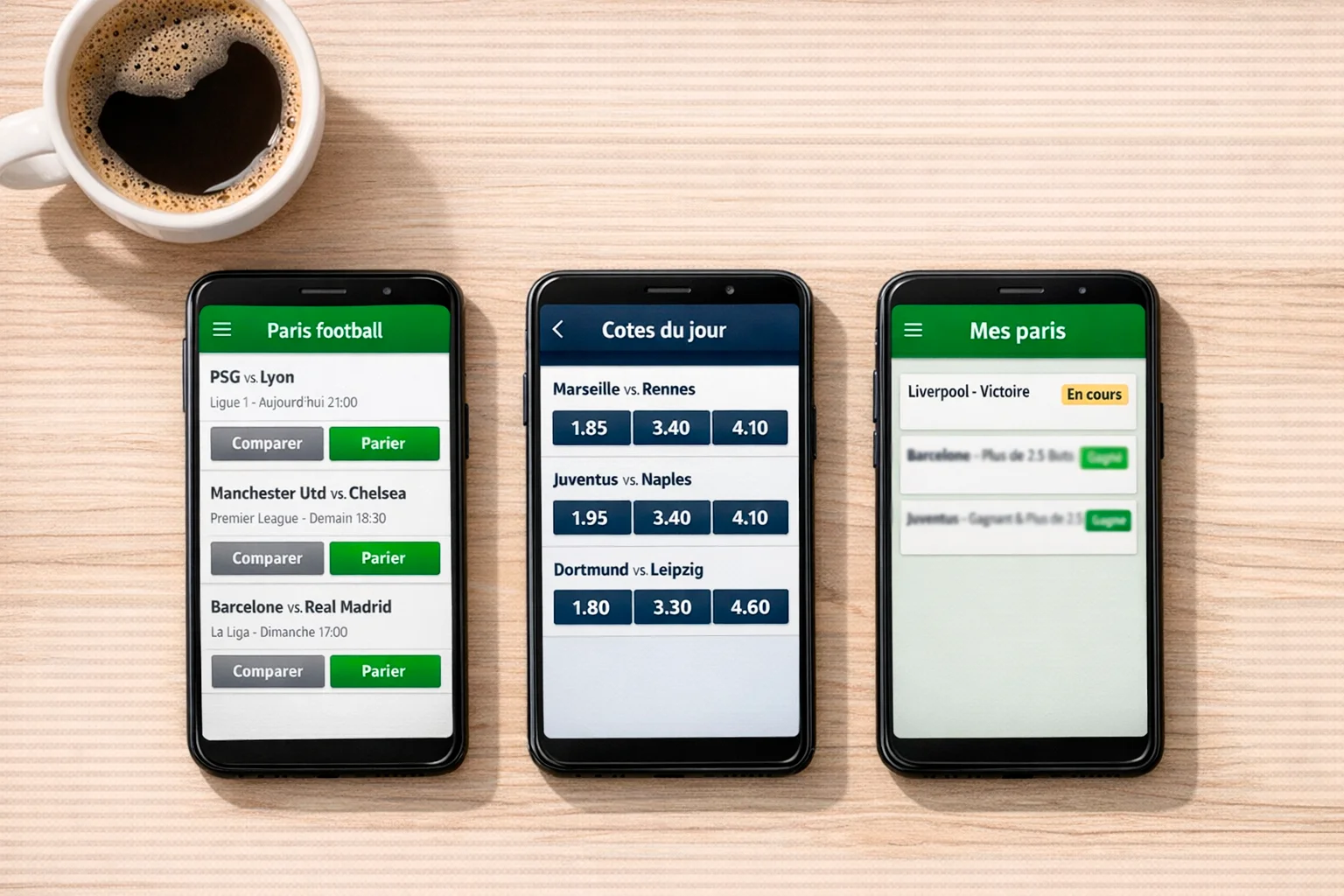 Plusieurs smartphones côte à côte affichant différentes applications de paris