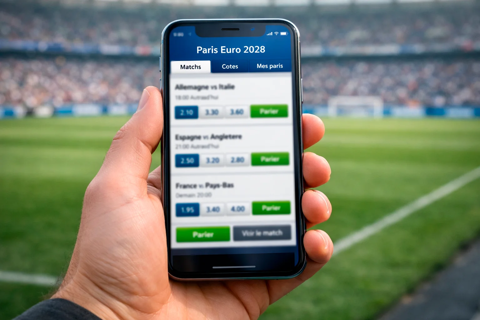 Smartphone affichant une application de paris sportifs dans un stade