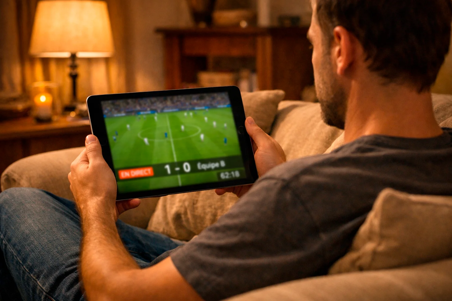 Personne regardant un match de football en streaming sur tablette
